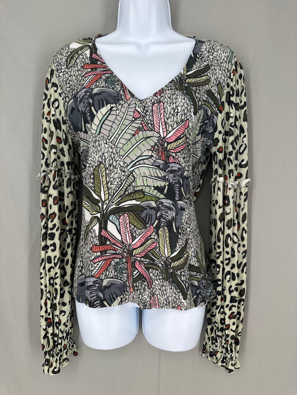 Blank London Anthropologie Top Small Green Animal Print Jungle Elephants Floral